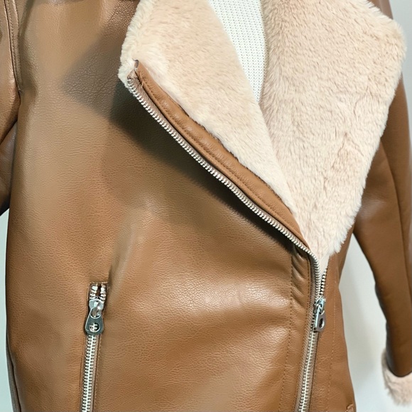 H&M Divided Brown Vegan Leather Shearling Faux Fur Oversized Moto Biker Jacket - Picture 3 of 9